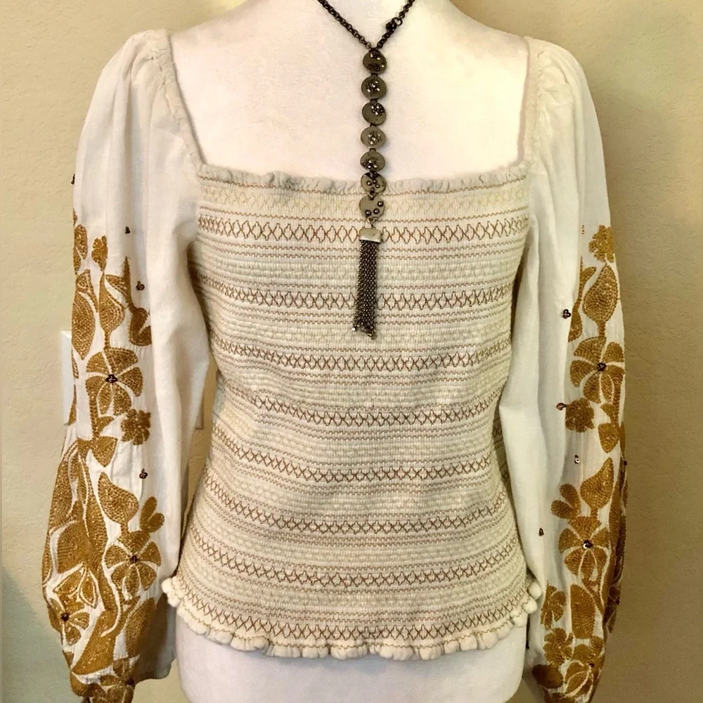 Anthropologie Cream and Brown Embroidered Blouse w/Embellishments Throughout